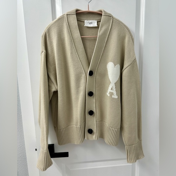 Ami men classic wool cardigan sweater size m color beige - Picture 1 of 3